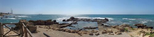 Panoramic view of the Caesarea Maritima coastline and its ancient Roman ruins, Israel