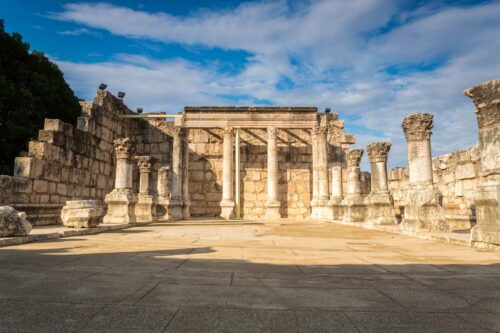 The white limestone synagogue at Capernaum, Israel