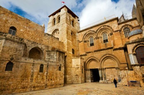 The main entrance to the Church of the Holy Sepulchre in the Old City of Jerusalem