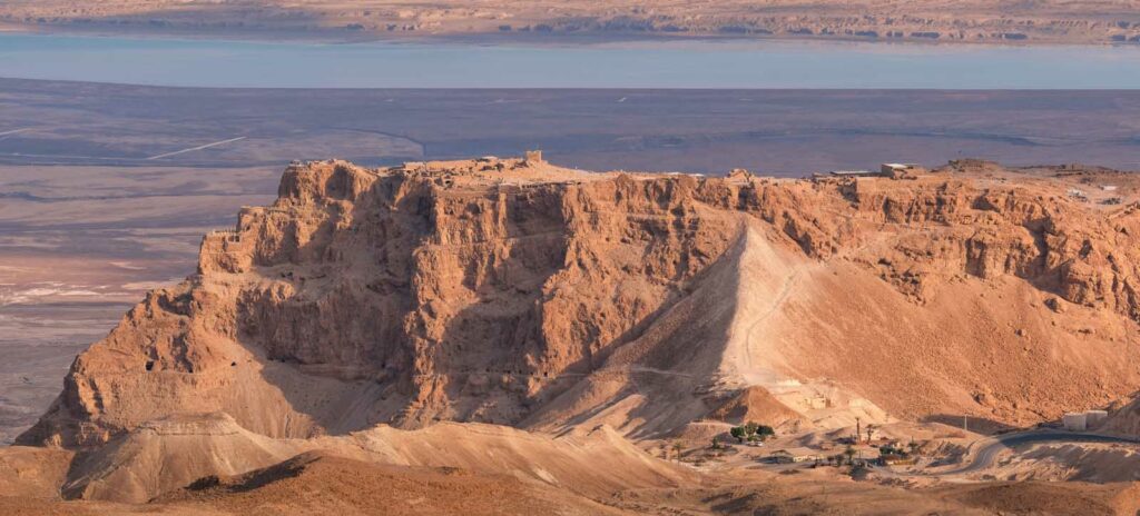Panoramic view of Masada from Mount Ben Yair with the Dead Sea beyond