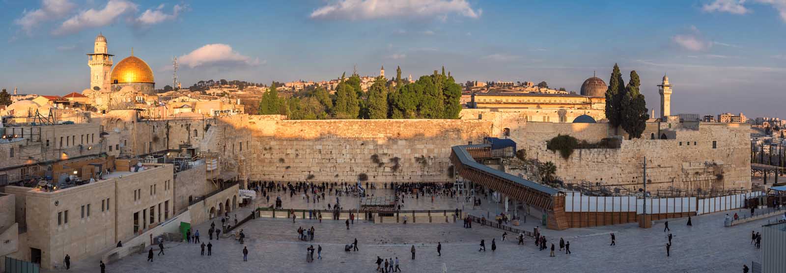 Panoramic view of the Western Wall in the Old City of Jerusalem at sunset