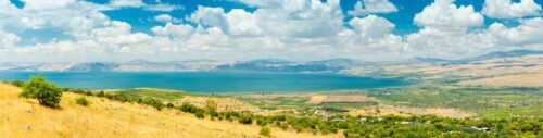 The Sea of Galilee and the Golan Heights seen across the Galilee region of Israel
