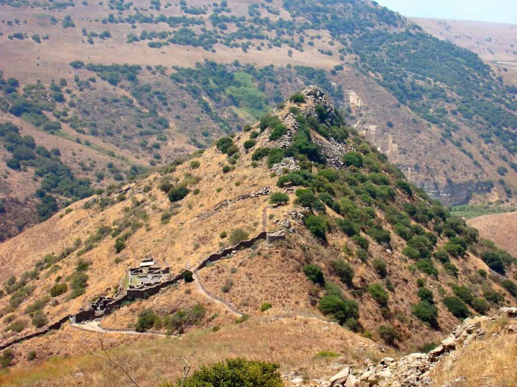 The ridge of Gamla in the Golan Heights, with the excavated synagogue and town wall visible on the slope below the summit
