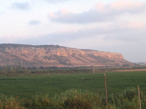 The southwest face of the Carmel ridge at sunset, seen across farmland from the coastal plain
