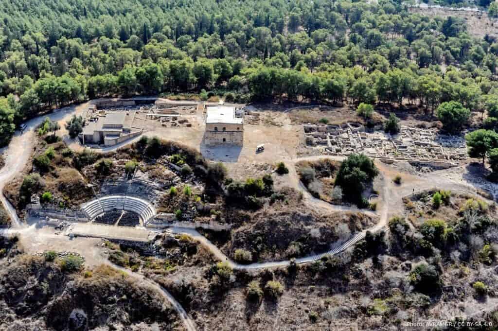 Aerial view of the excavated site of Sepphoris in the Lower Galilee, showing the Roman theatre cut into the hillside and the remains of the town above it